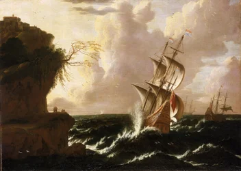 Ein niederländisches Schiff im Sturm vor einer Klippe mit befestigten Gebäuden, von Matthieu van Plattenberg