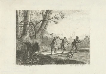 Landschaft mit drei tanzenden Bauern