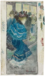 Elegante Frau in einem blauen Kleid, ca. 1893-94
