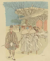 Ein Schotte in traditioneller Highland-Kleidung unter den Menschen von Cannes, Frankreich