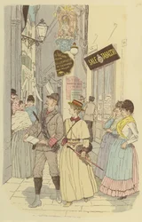 Ein Mann und seine Frau gehen durch die Gassen der Altstadt von Genua (Farblithografie)