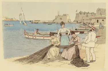 Ein Mann plaudert mit einer Gruppe von Frauen, die Fischernetze in der Stadt Villefranche, Frankreich, flicken (Farblithografie)