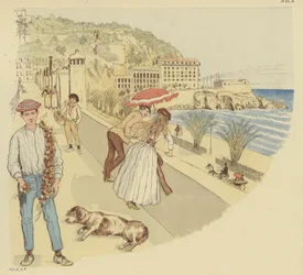 Ein Zwiebelhändler mit seinen Waren und Menschen, die die Terrasse zum Berg Rauba-Capeu, Nizza genießen