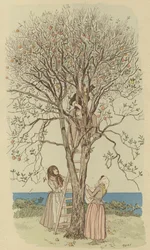 Orangenpflücken am Mittelmeer (Farblithografie)