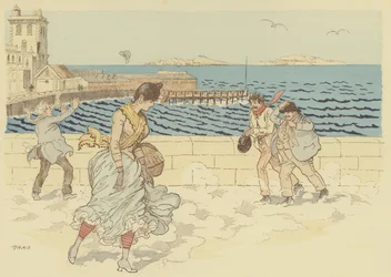 Der Mistral sorgt für einen windigen Tag auf der Promenade de la Corniche, Marseille, Frankreich (Farblithografie)