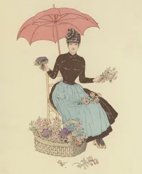 Frau, die unter einem Regenschirm Blumen verkauft