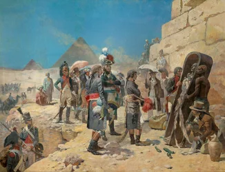 Napoleon Bonaparte vor den Pyramiden, die Mumie eines Königs in der ägyptischen Landschaft betrachtend