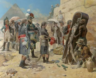 Napoleon Bonaparte vor den Pyramiden bei der Betrachtung der Mumie eines Königs in der ägyptischen Landschaft