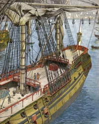 Bombardierung und Brand der Stadt Algier im Jahr 1682: Abraham Marquis Duquesne (zwischen 1604 und 1610-88), ein Offizier der französischen Marine, beobachtet von seinem Schiff aus die Wirkung der Bomben. Chromotypographie in „Le Roy Soleil“ (Ludwig XIV) v
