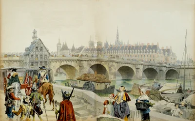 Geschichte Frankreichs: Verbannt ins Schloss von Blois durch seinen Sohn Ludwig XIII., verließ Marie de Medicis (1575-1642) und ihr Gefolge Paris im Jahr 1617. Illustration von Maurice Leloir (1853-1940) in „Richelieu“