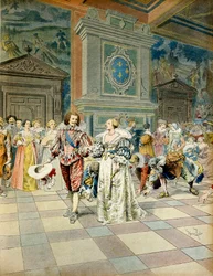 Geschichte Frankreichs: George Villiers, Herzog von Buckingham, am Hof von Frankreich. Illustration von Maurice Leloir in 