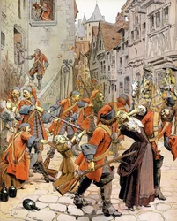 Les Dragonnades (1681-1685): Vertreibung einer protestantischen Familie durch die Truppen der Dragoner, die mit der Bekehrung der Protestanten beauftragt waren. Chromotypographie in „Le Roy Soleil“ (Ludwig XIV) von Gustave Toutwelve, Illustration von Mauri