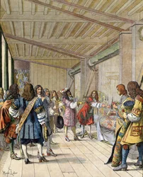 Der Maler Charles Lebrun erklärt Ludwig XIV., bekannt als der Sonnenkönig