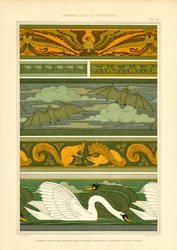 Tierbordüren mit Adlern, Fledermäusen, Eichhörnchen und Schwänen (Lithografie)