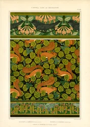 Jugendstilornament mit Vögeln, Eichhörnchen und Blumenelementen (Lithografie)