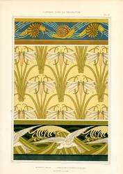 Ränder und Oberflächenmuster mit Meerestieren, Libellen und Möwen