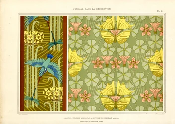 Schmetterlinge und Vögel als Jugendstilornament (Lithografie)
