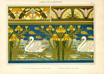 Dekorative Ränder mit Schwänen, Insekten und Iris