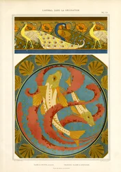 Dekorative Bordüre mit Fischen und Pfau im Cloisonné-Stil