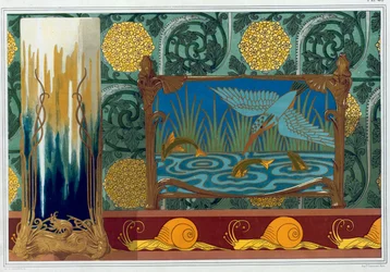 Entwürfe für Bronzevasenstütze, Tapete und Bordüre, und Email- und Bronzejardiniere 