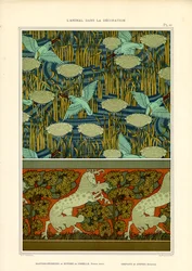 Eisvögel und Seerosen mit Pferdefries (Litho)