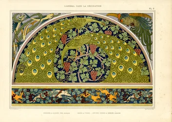 Pfau- und Hasenmotive als dekorative Jugendstilkomposition (Lithografie)