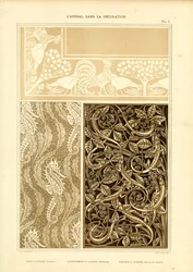 Dreiteilige Tierornamentik mit Hahn, Seepferdchen und Eidechsen