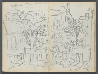 Skizzenbuch, The Dells, Nr. 127, Seite 084 & 85: Landschaft mit Häusern und Turm