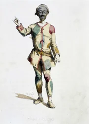 Harlekin (Arlechino) aus Masques et bouffons (Italienische Komödie), Text und Zeichnungen von Maurice Sand, Drucke von A. Manceau, Vorwort von Georges Sand