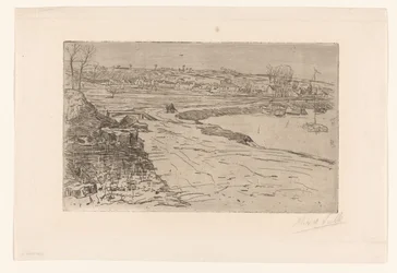 Landschaft mit Häusern und Wasser mit festgemachten Segelbooten