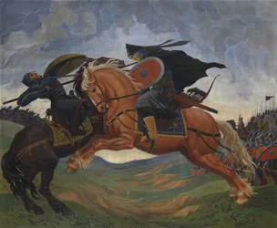 Einzelkampf von Peresvet und Temir-murza auf dem Kulikovo-Feld im Jahr 1380