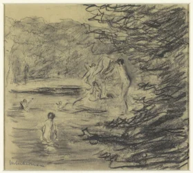 Badende Jungen in einem Waldteich