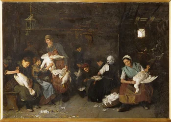 Frauen rupfen Gänse