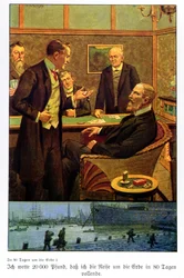 Phileas Fogg nimmt die Wette im Reform Club an, dass er in 80 Tagen um die Welt reisen kann, Illustration aus einer in Berlin veröffentlichten Ausgabe