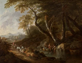 Waldlandschaft mit Gewässer rechts
