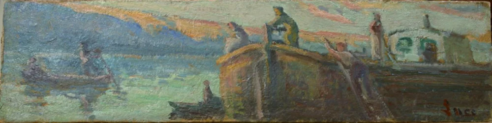 Flusslandschaft mit Kahn und Booten