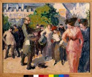 Straßenszene. Ein Bettler mit Drehleier spielt in einem Garten in Paris