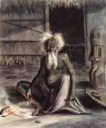 Alter Mann von Tahiti sitzt in der Nähe eines Tiki, ca. 1841-48
