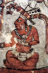 Maya-Krieger. Polychrome Keramik, Maya-Kunst, 7. Jahrhundert. Nationalmuseum für Archäologie und Ethnologie von Tikal (Guatemala).