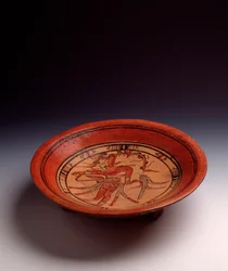 Präkolumbianische Kunst, Maya-Zivilisation, klassische Periode: Tripodenvase aus bemaltem Ton. Aus Peten, Guatemala
