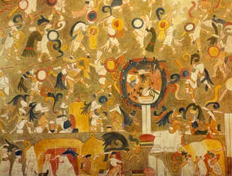 Rekonstruktion eines Maya-Gemäldes aus Chichén Itzá (Yucatán, Mexiko), das eine Kampfszene darstellt. Maya-Zivilisation.