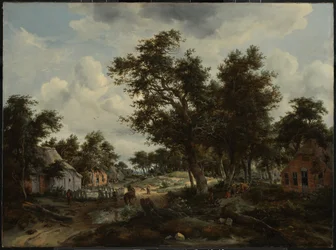 Waldlandschaft mit Reisenden auf einem Pfad durch ein Dorf