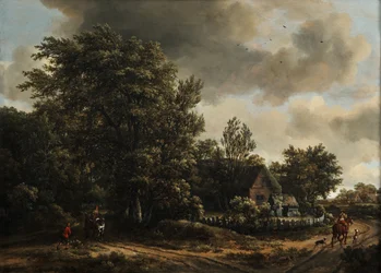 Bewaldete Landschaft mit Reisenden auf einer Straße bei einem Landhaus