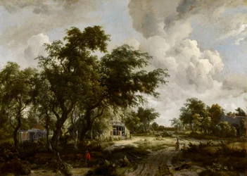 Dorf mit Wassermühle zwischen Bäumen