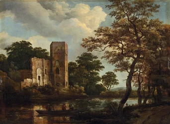 Waldige Flusslandschaft mit den Ruinen der Burg Egmond in Egmond aan den Hoef