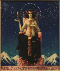 Allegorische weibliche Figur vor Himalaya-Nachtlandschaft