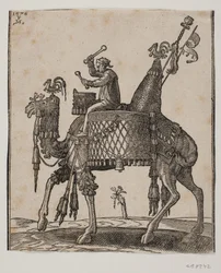 Ein prächtig ausgestatteter Dromedar mit einem Pauker als Reiter