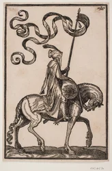 Berittener Standartenträger, Profil nach rechts; die Standarte ist zweizipfelig, der Reiter unbewaffnet, vor ihm auf dem Pferderücken ein wurstförmiger Gepäcksack