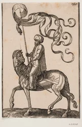 Berittener Standartenträger, Profil nach links; die Standarte ist dreizackig und darunter hängt eine Feder; sein Schwert ist zwischen seinem linken Bein und der Flanke des Pferdes angebracht