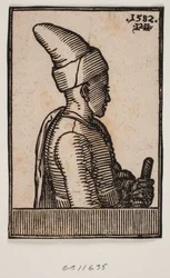 Büste eines jungen Mannes mit spitzem Hut und Stab in der linken Hand, Profil nach rechts